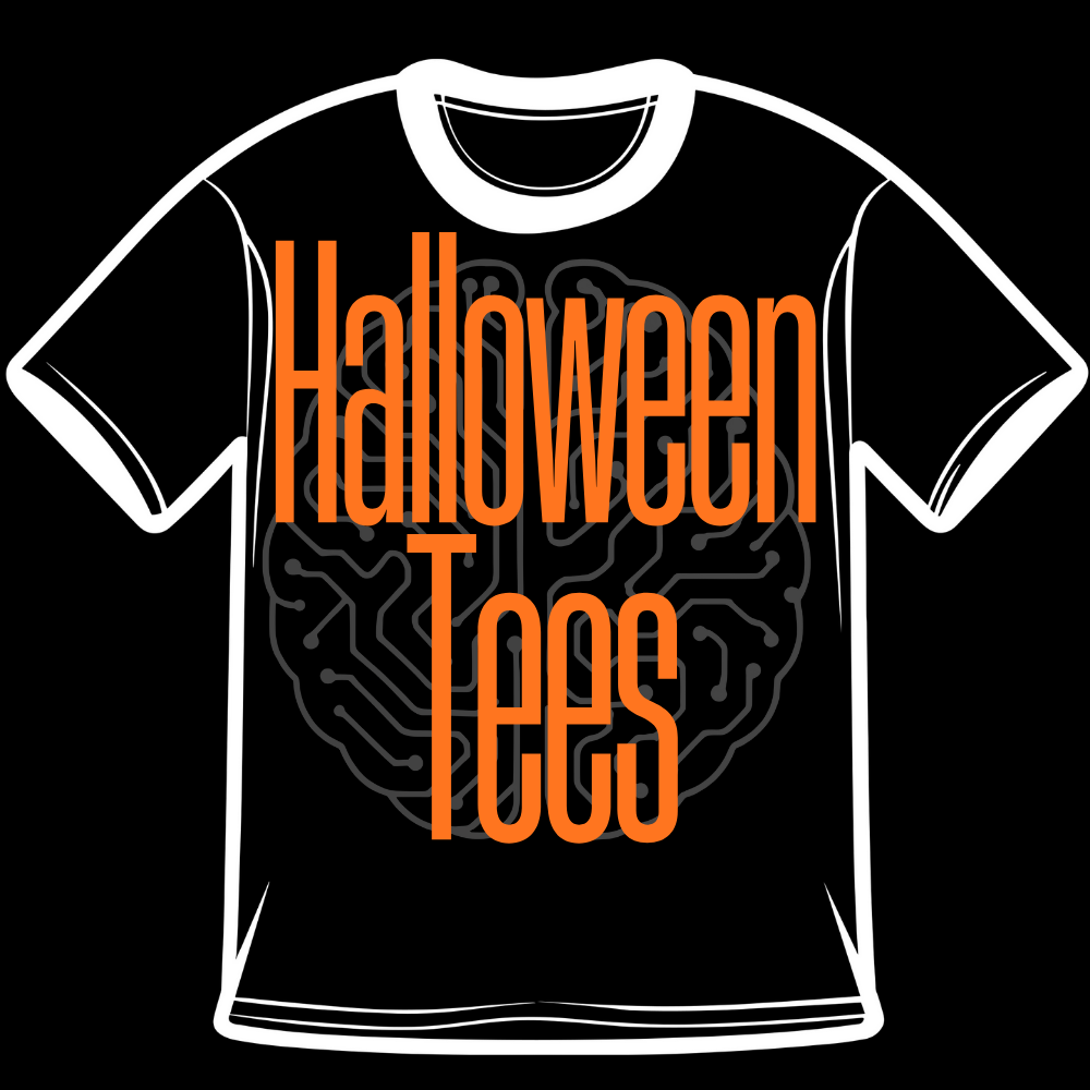 Halloween Tees logo with a white T-shirt outline, bright orange text reading ‘Halloween Tees,’ and a dark circuit-brain design behind the lettering on a black background.