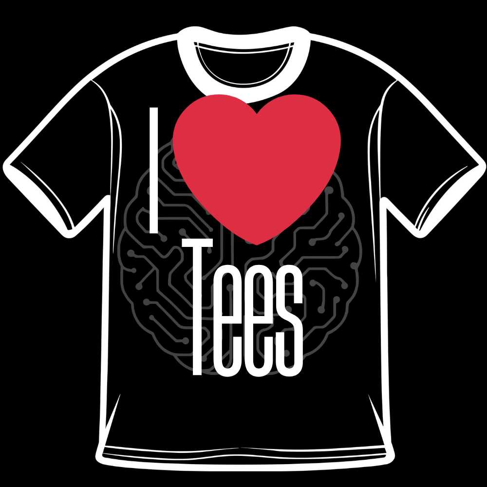 I ❤️ Tees logo showing a white T-shirt outline with a large red heart above the word ‘Tees’ in white text, overlaid on a subtle brain circuit pattern on black.