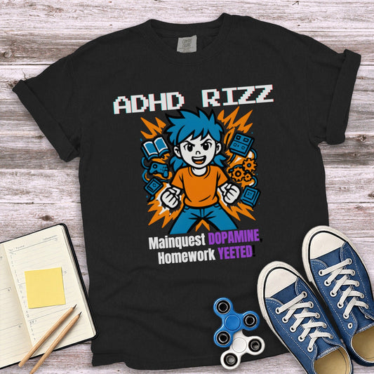 ADHD RIZZ Mainquest Homework Yeeted Slogan T-Shirt product type