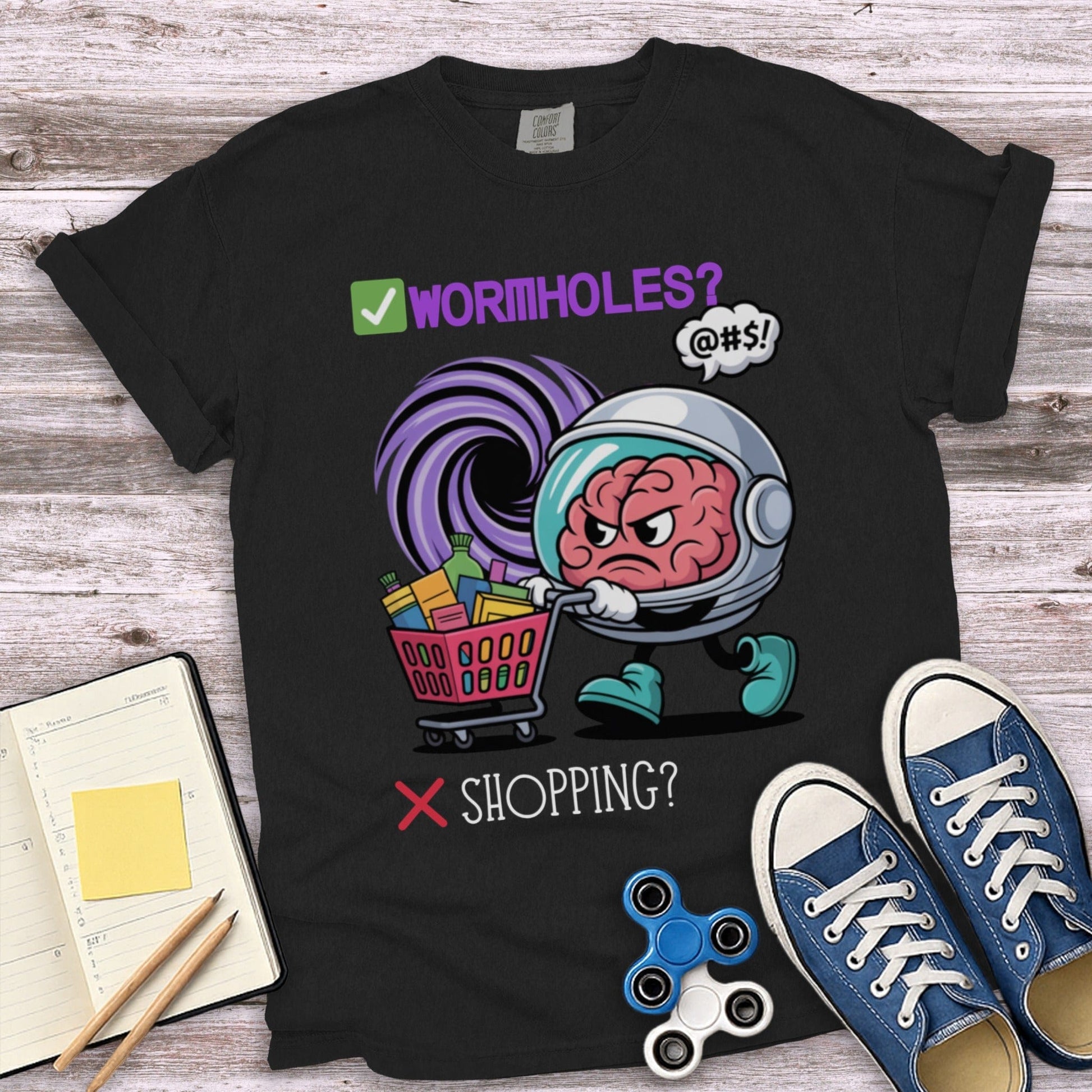 Funny Brain in Spacesuit with Shopping Cart T-shirt product type